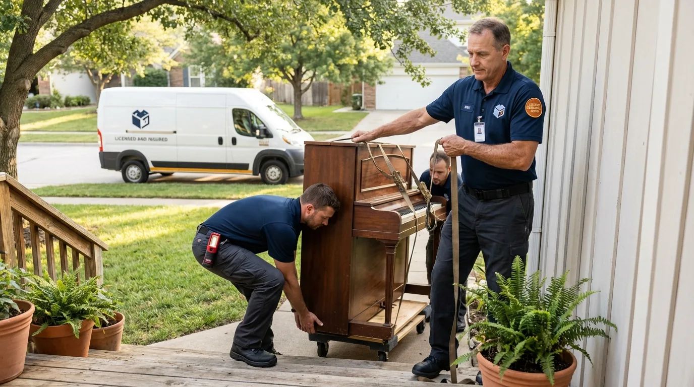 Licensed piano movers securing grand piano in Inman, SC