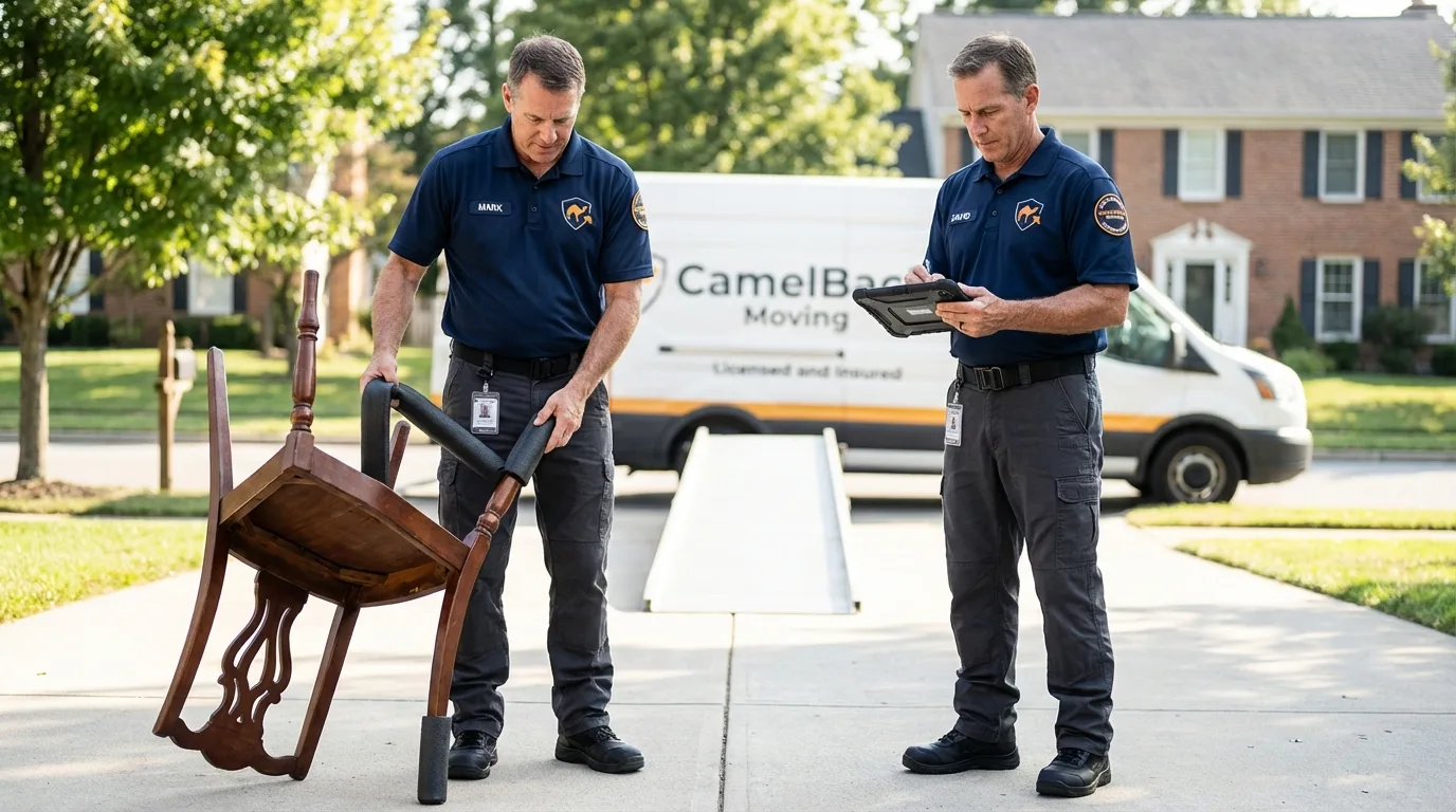Movers inspecting furniture for damage prevention before loading in Inman, SC