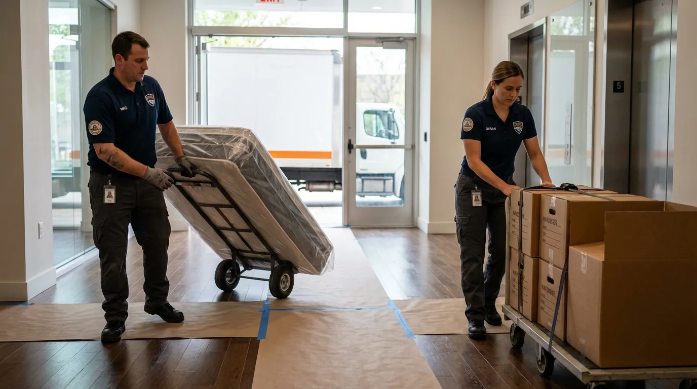 Professional apartment movers loading elevator in Inman, SC